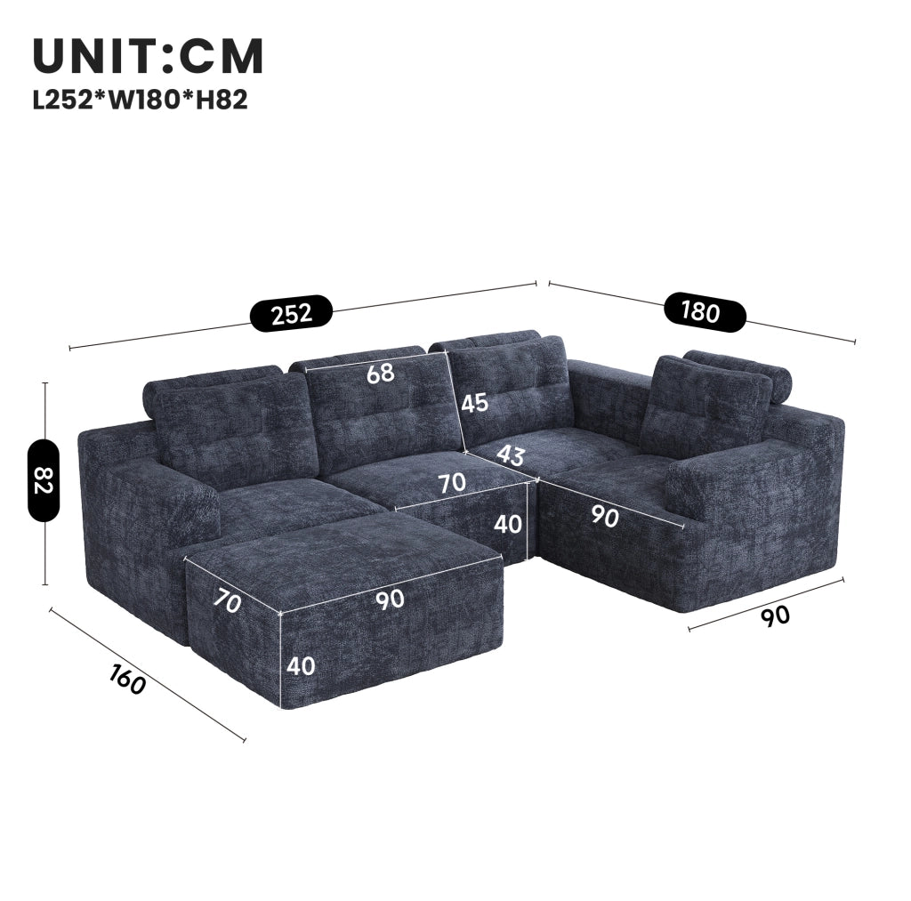 Divano modulare a U 5-6 posti con pouf in ciniglia blu
