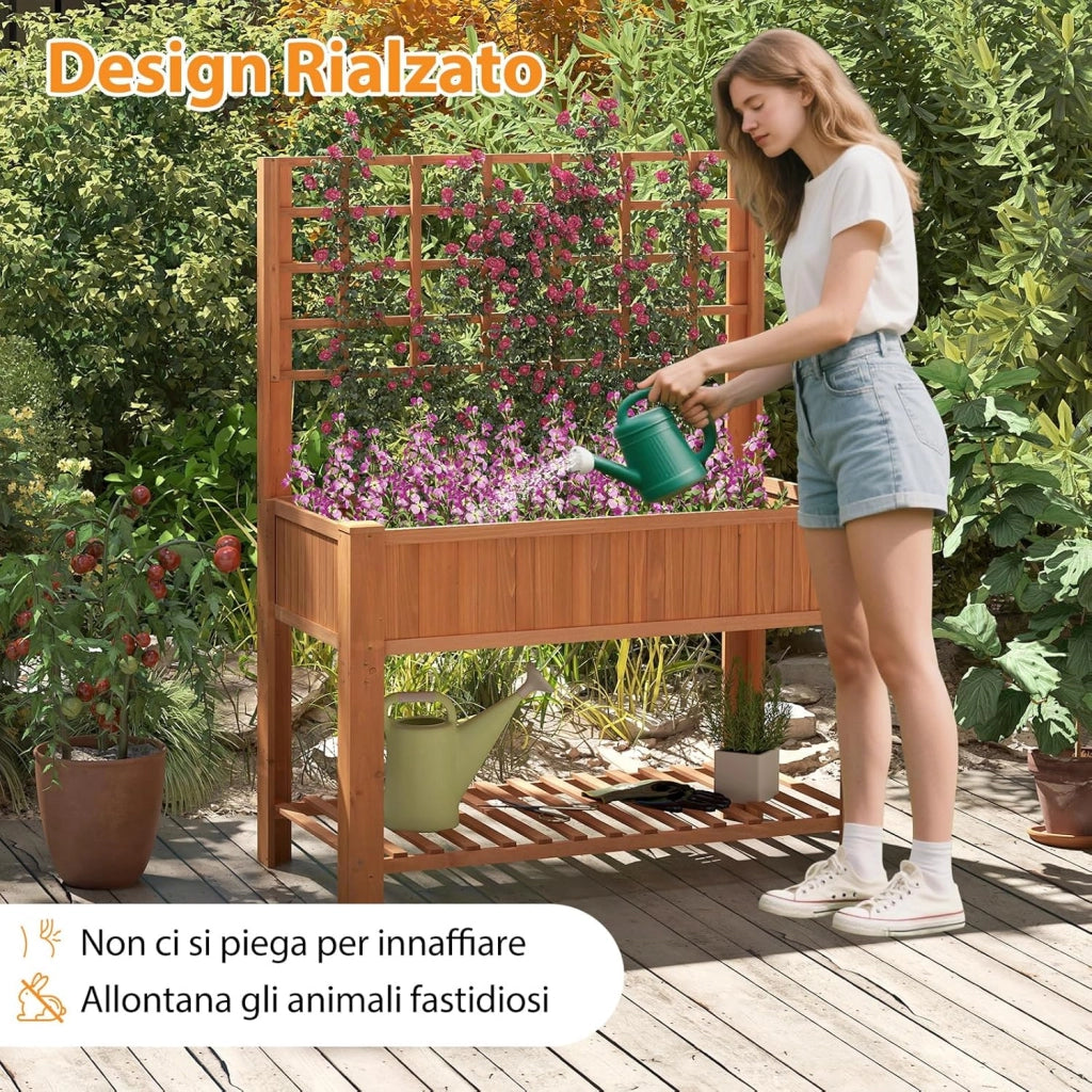 Letto da Giardino Rialzato, Fioriera Elevata con Traliccio, Mensola di Stoccaggio e Fori di Drenaggio, Orto Rialzato per Cortile, Giardino e Patio, 116 x 59 x 150 cm (Marrone)