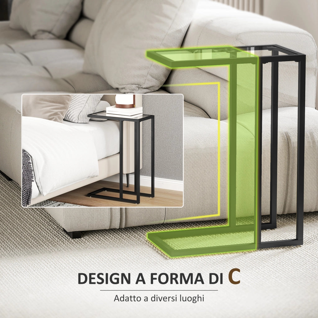 Tavolino da Salotto a Forma di C 46x25x63,5 cm in Vetro e Acciaio Nero