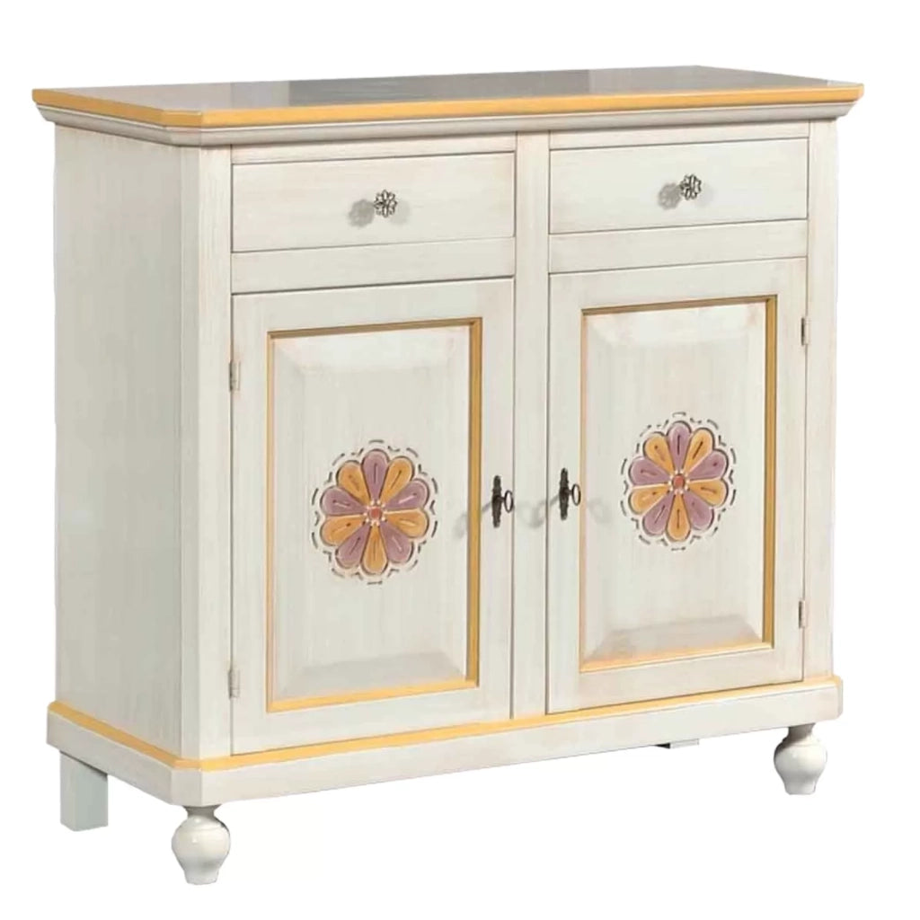 Madia credenza 2 ante legno avorio pennellato e decori 104x43x98 - Mobili 2G