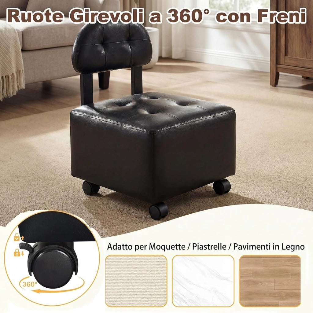 Set 2 Sedie da Salotto con Schienale Trapuntato, 40 X 40 X 55 CM, Seduta Imbottita e 4 Ruote con Freno, Portata 150 KG, Sgabelli Impilabili in Finta Pelle per Soggiorno e Studio (Nero)