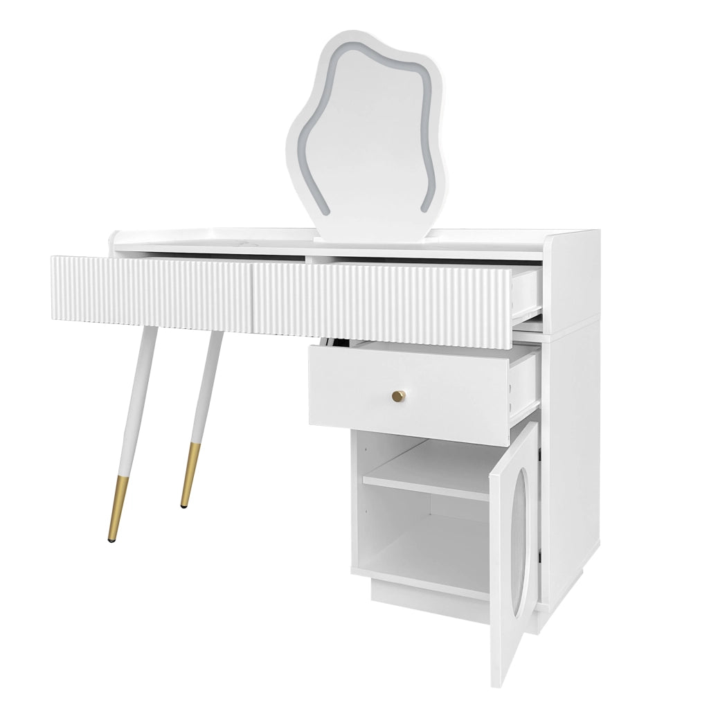 Toeletta con 2 Cassetti e 1 Anta; Specchio con LED; per Camera da Letto; in Truciolare; 100 x 40 x 75 cm
