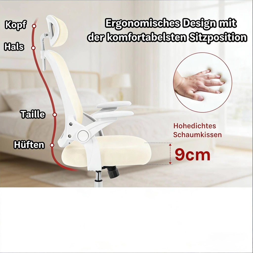 Sedia da ufficio ergonomica beige con schienale alto e braccioli 3D