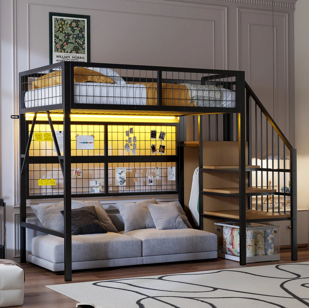 Letto a soppalco 90x200 cm con scala contenitore e LED in metallo nero