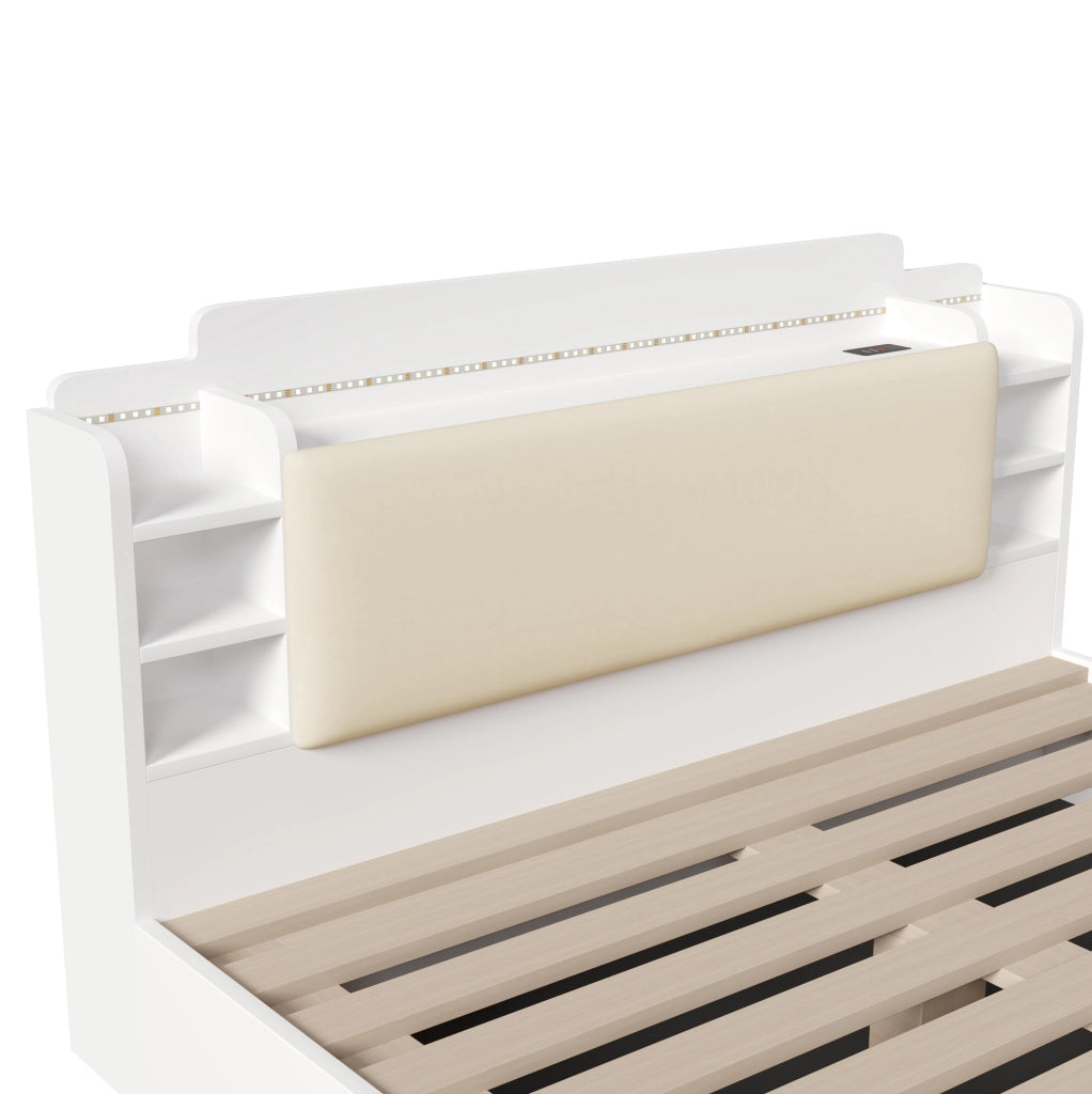 Letto a una piazza e mezza 140x200 cm con contenitore idraulico; LED e porte USB; bianco
