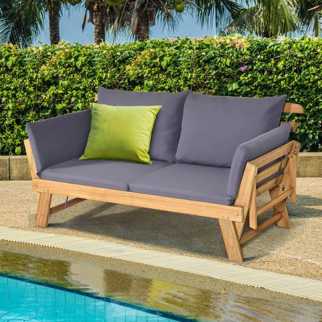 Divano Esterno a 2 Posti, in Legno di Acacia, Lettino Giardino con Braccioli Regolabili, Sdraio da Giardino con Cuscini, Chaise Longue per Giardino, Piscina, Cortile (Grigio)