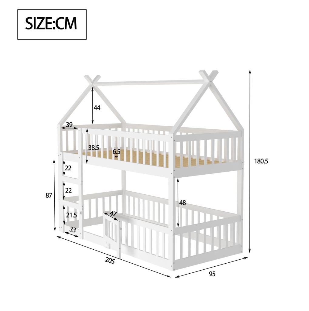 Letto a castello per bambini con scala integrata; porta e protezioni; 90×200 cm; bianco