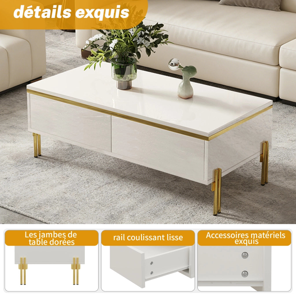Tavolino da Caffè con 2 Cassetti su Entrambi i Lati; Bianco Lucido e Dettagli Dorati; Stile Moderno; in Pannello Truciolare; Bianco