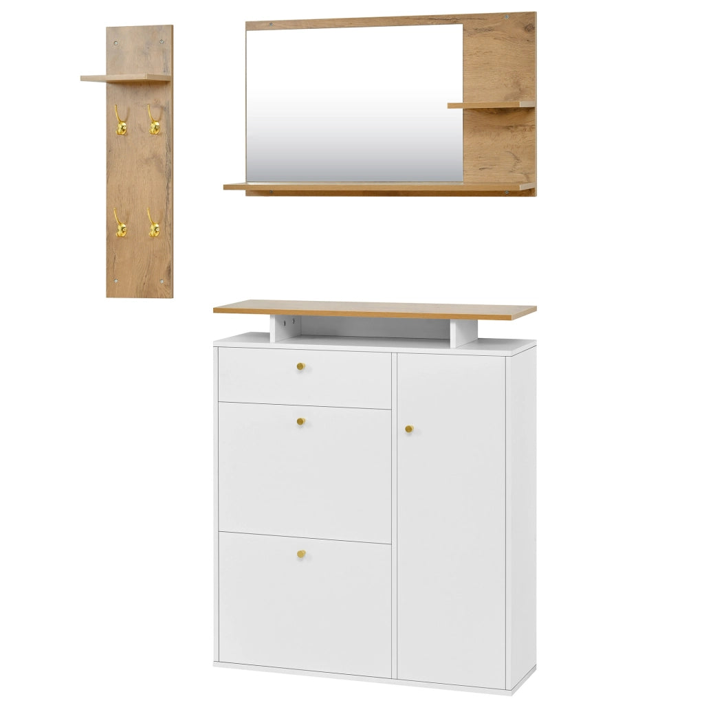 Set da ingresso 3 pezzi con scarpiera; specchio e appendiabiti LED; 105 x 25 x 151;5 cm; bianco