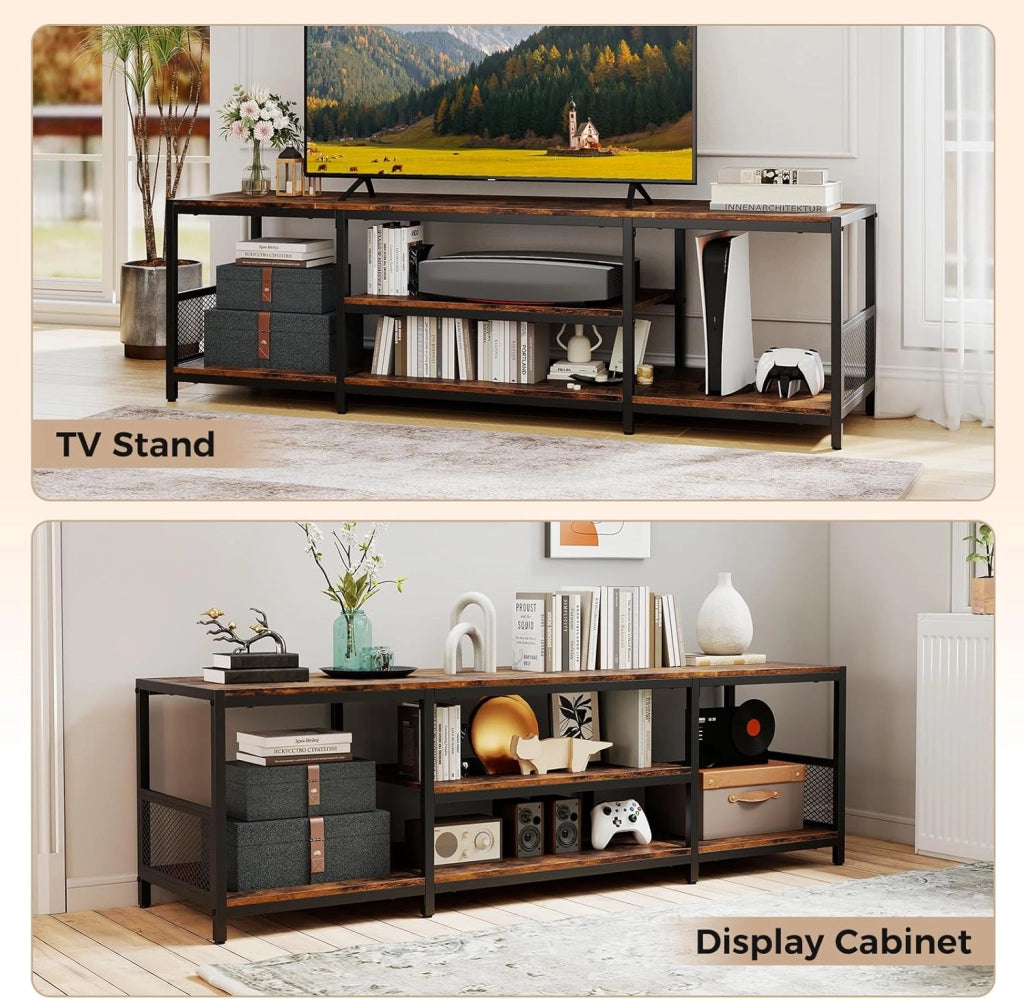 Mobile TV in stile industriale, Panca TV per TV 55/60/65 pollici, con ripiani aperti, cornice in metallo, tavolo TV per camera da letto, soggiorno, marrone rustico, 45 x 40 x 150 cm