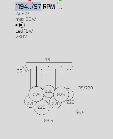 SOSP. BIANCO 7 LUCI RETTANGOLARE VETRI (4 PICCOLI +3 MEDI) TUTTI AMBRA 1194BI-S7 RPM-AM