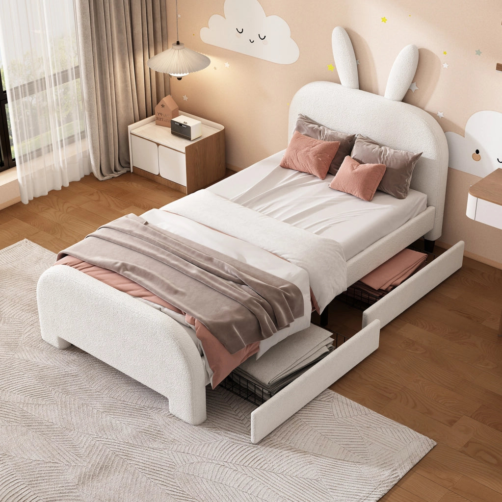 Letto per bambini 90x200 cm imbottito con testiera a forma di coniglio; 2 cassetti; bianco