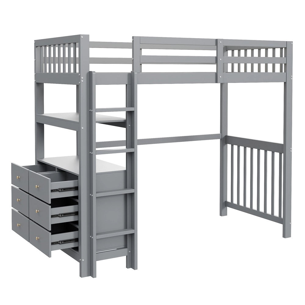 Letto a Soppalco Singolo ¨C MINIMAL ¨C Pino Grigio, Doghe, Cassetti, 90x200