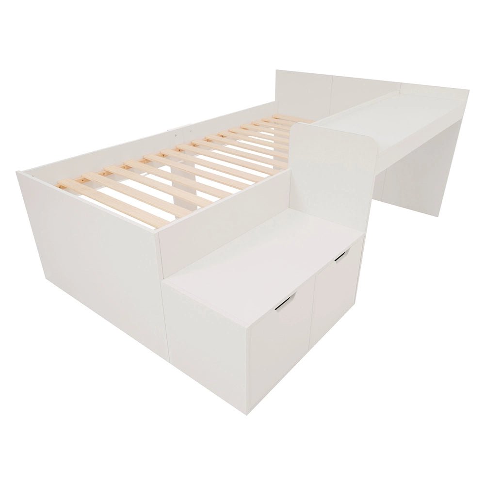 Letto singolo per bambini con scrivania e cassetti - Xylo - 90x200 cm - Bianco - Con rete a doghe