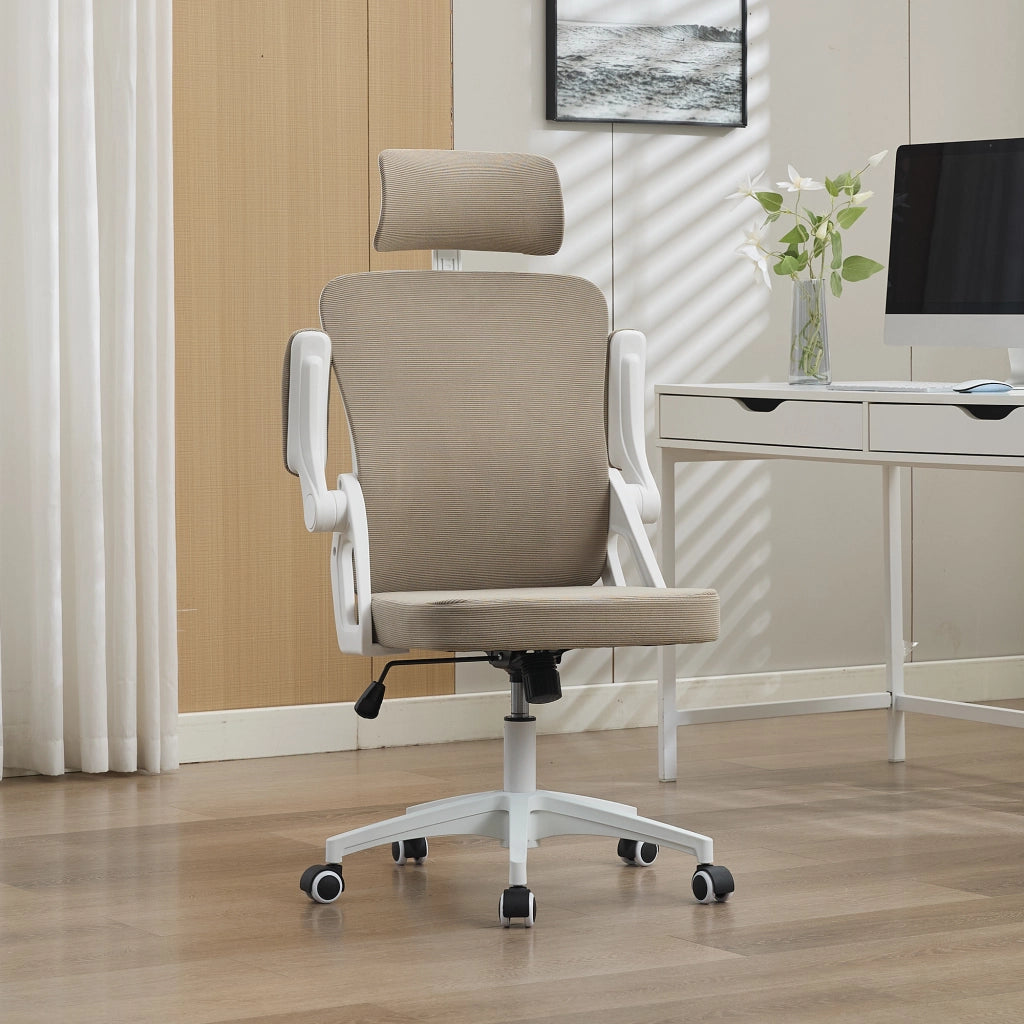 Sedia da ufficio ergonomica in rete traspirante con braccioli ribaltabili e altezza regolabile, in tessuto imbottito kaki