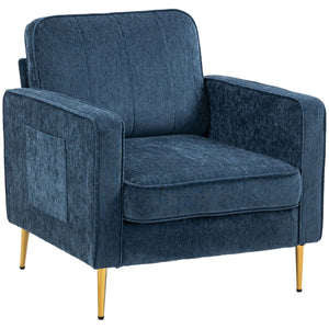 Poltrona da Salotto  con Gambe in Acciaio Dorate e Tasche Laterali 81x84x87 cm in Tessuto Blu