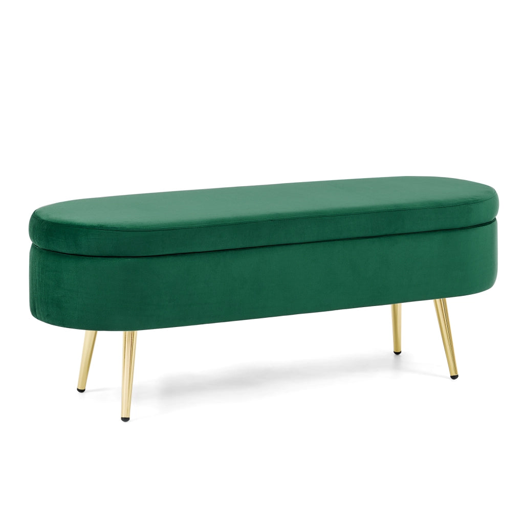 Panca contenitore multifunzionale in velluto verde scuro con gambe in metallo e vano 20L