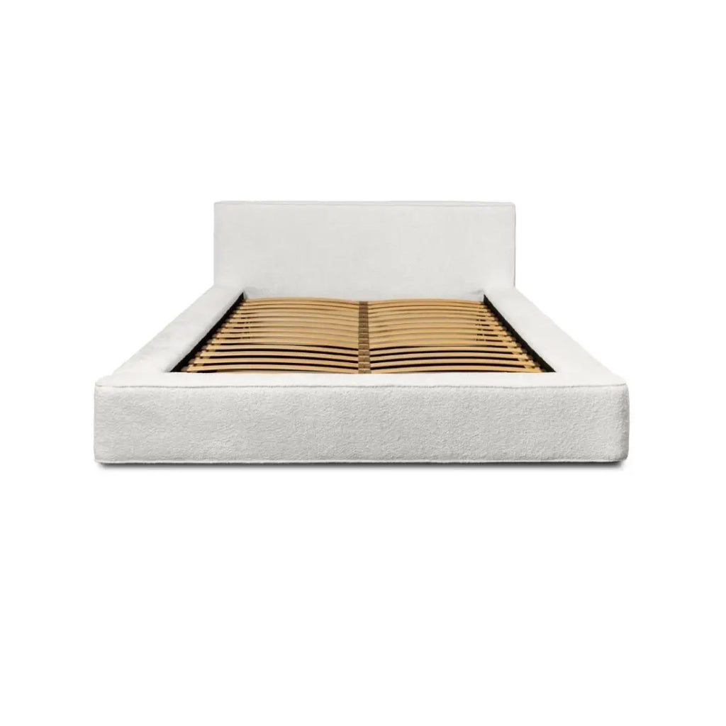 Lit coffre VELORA – Bianco alpino riccio – 180x200 cm – Tessuto velluto morbido – Rete sollevabile – Contenitore integrato