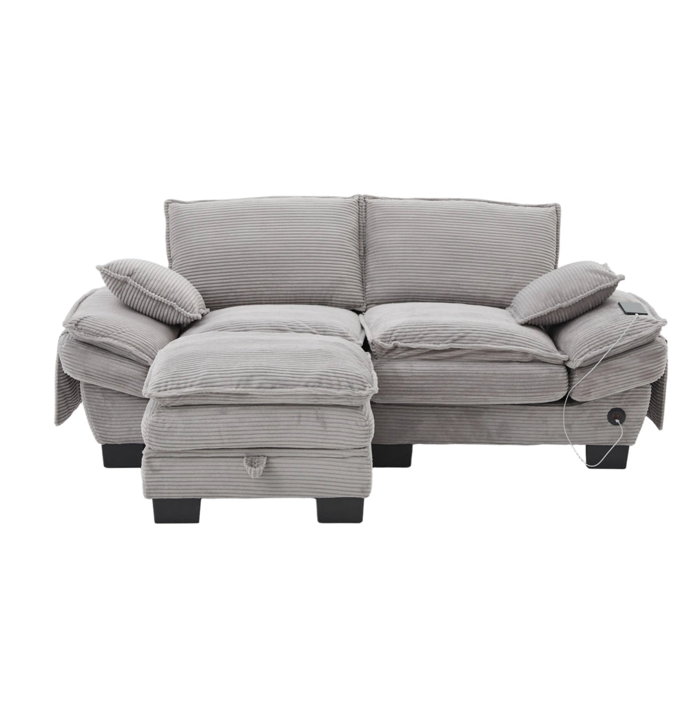 Divano 2 posti con pouf in corduroy 190 cm; con USB-C e tasche laterali; grigio chiaro