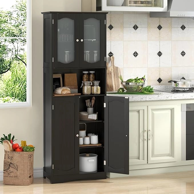 Armadietto Salvaspazio 60 x 30 x 164cm, Mobile Bagno con Scomparti Aperti, Ripiani Regolabili e 2 Porte in Vetro Temprato, Armadio da Bagno per Ufficio, Soggiorno e Camera da Letto (Nero)