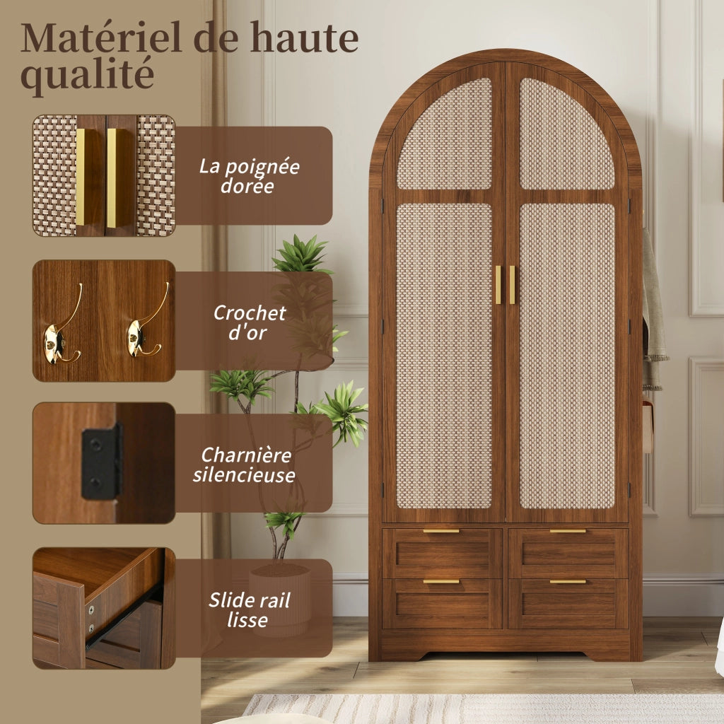 Armadio con ante curve in rattan e cassetto, asta appendiabiti, per camera da letto e ingresso, MDF, noce, 80 × 50 × 179 cm