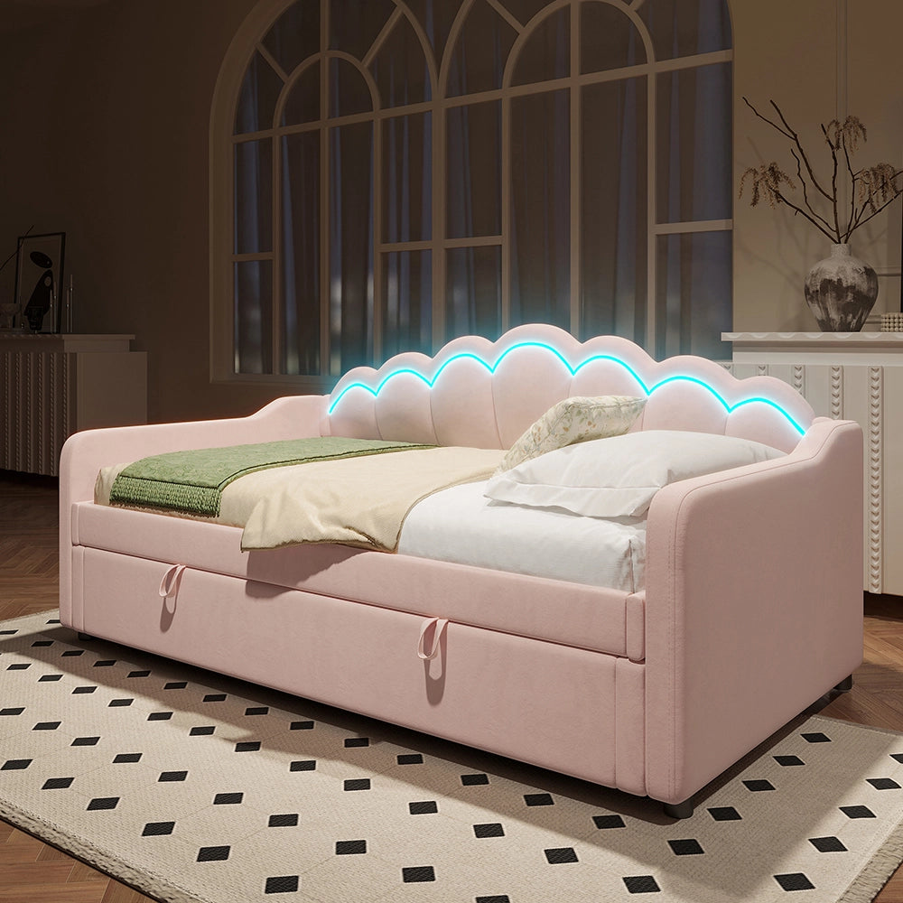 Letto giorno idraulico 90x200cm - Xylo - rosa, LED, spazio ripostiglio