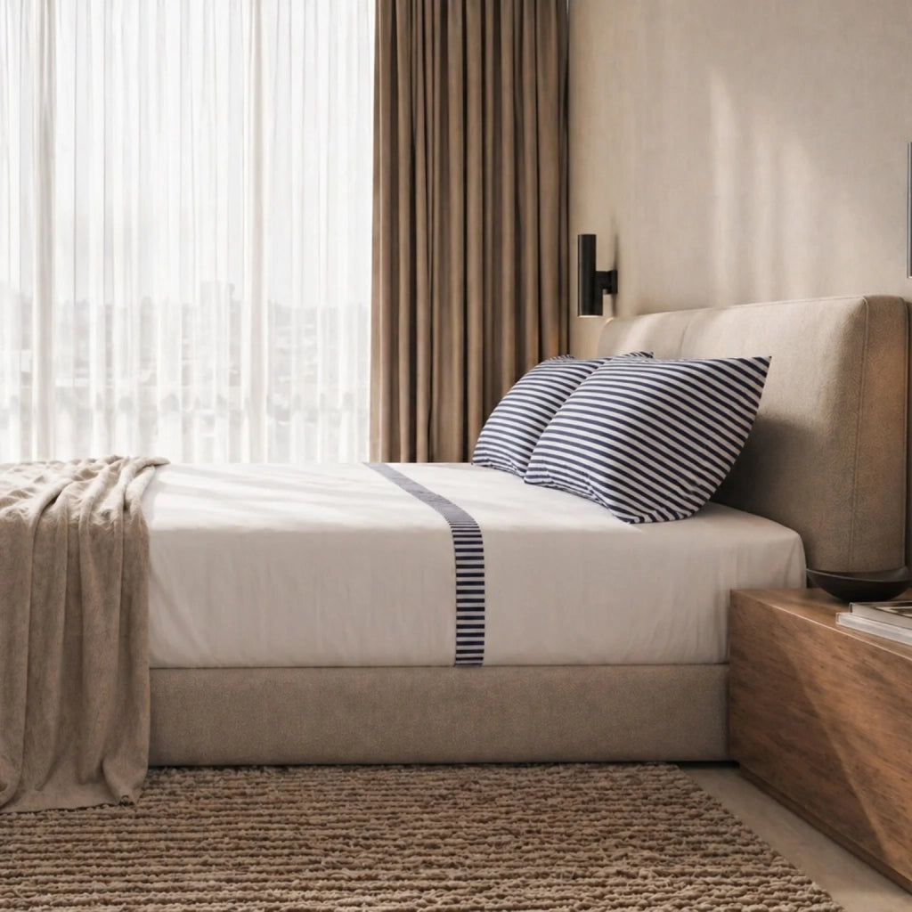 Set Lenzuola Letto Una Piazza e Mezza in Puro Cotone | Completo Letto 1 Piazza e Mezza | Lenzuolo con angoli, Lenzuolo Piano e 1 Federa | Lenzuola in Cotone con Balza a Righe Blu