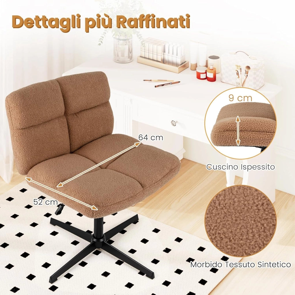 Sedia da Scrivania senza Braccioli, Sedia da Ufficio a Gambe Incrociate, Altezza Regolabile, Girevole a 360°, Tessuto Morbido, Ampia Seduta Imbottita, per Soggiorno Ufficio (Marrone)