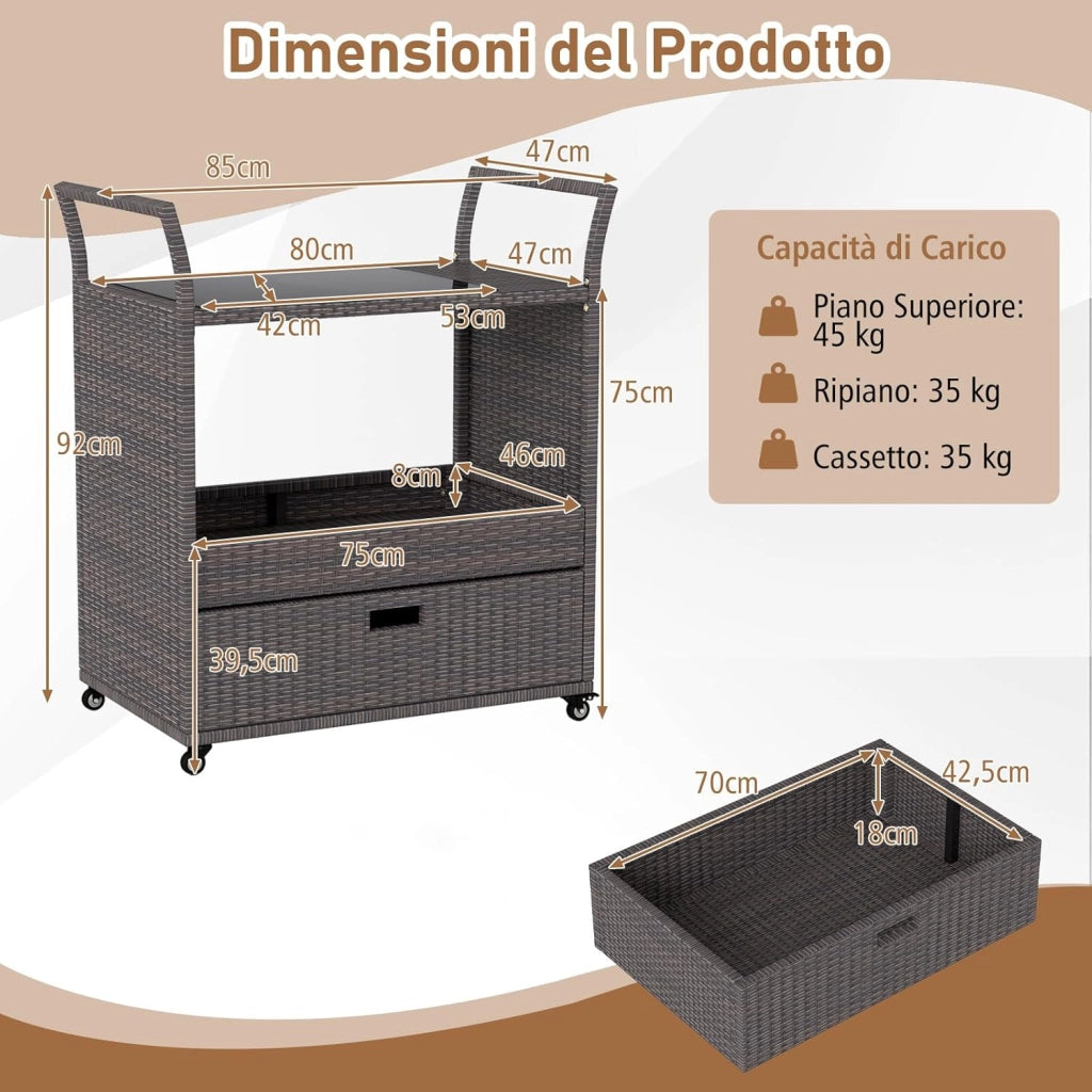 Carrello Bar in Rattan da Esterno, Tavolo Bar Mobile con Piano in Vetro Temperato, Ripiano Aperto e Cassetto Capiente, Carrello di Servizio per Patio Veranda Cortile e Giardino