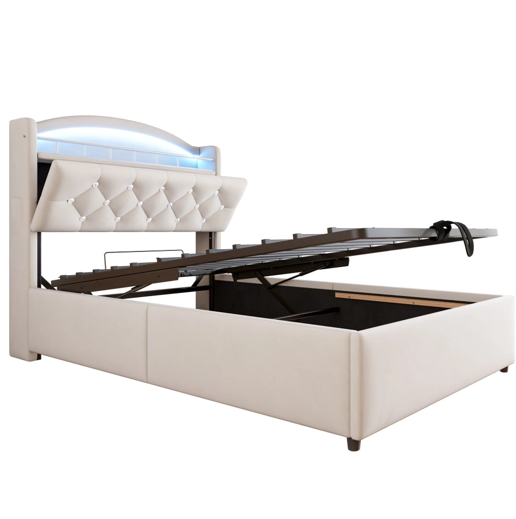 Letto imbottito per bambini 90x200 cm in velluto beige con LED; USB e vano contenitore