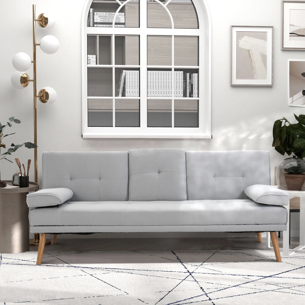 Divano letto 3 posti imbottito con schienale regolabile e portaoggetti ¨C zephmum ¨C tessuto grigio chiaro 200x90x80 cm