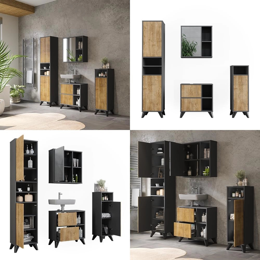 Set di mobili da bagno Leano, Antracite/quercia di montagna, 60 cm, composto da mobile lavabo, pensile a specchio, colonna e base media