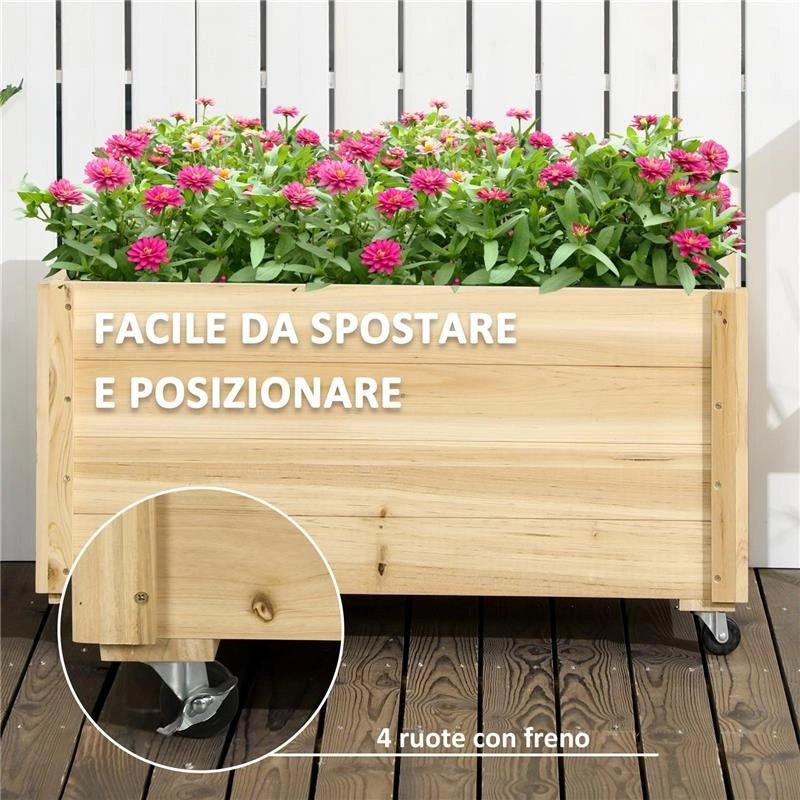 FIORIERA DA GIARDINO CON FORO DI DRENAGGIO E ROTELLE, IN LEGNO DI ABETE, 89X48X47 CM