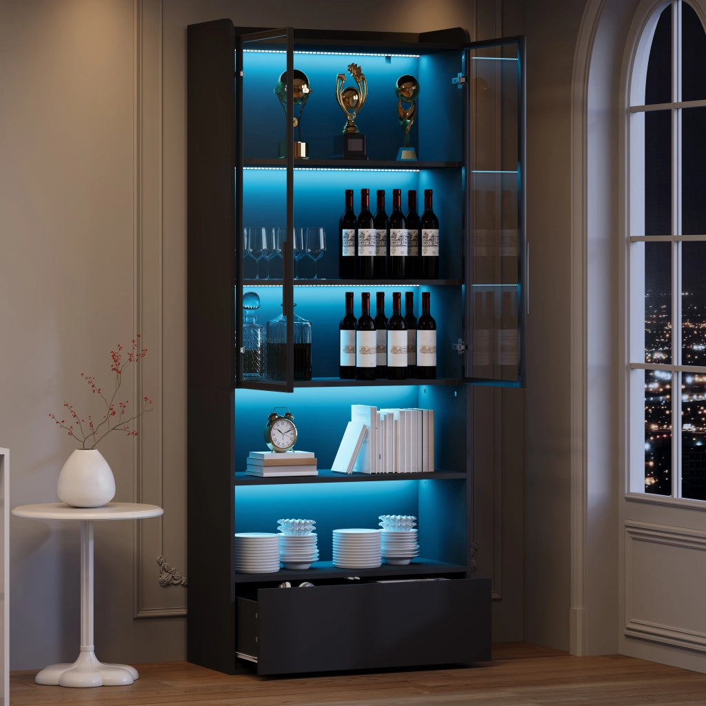 Vetrina alta con LED, 1 cassetto e 6 vani, ante in vetro, in MDF, per soggiorno, nero, 80 × 34 × 180 cm