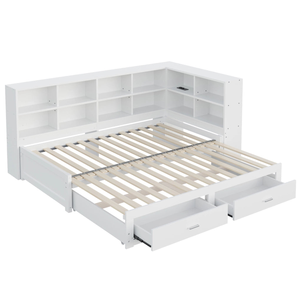 Letto singolo estraibile in legno con contenitore e prese, bianco 90/180x190 cm