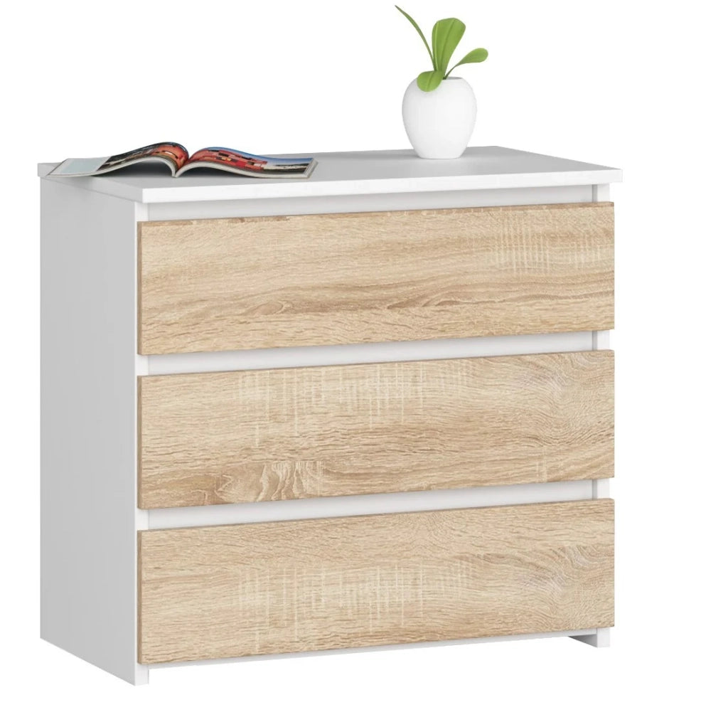 Comodino AKORD CL3 Bianca 60 cm 3 cassetti inserto frontale Sonoma Quercia 60x35x57 cm