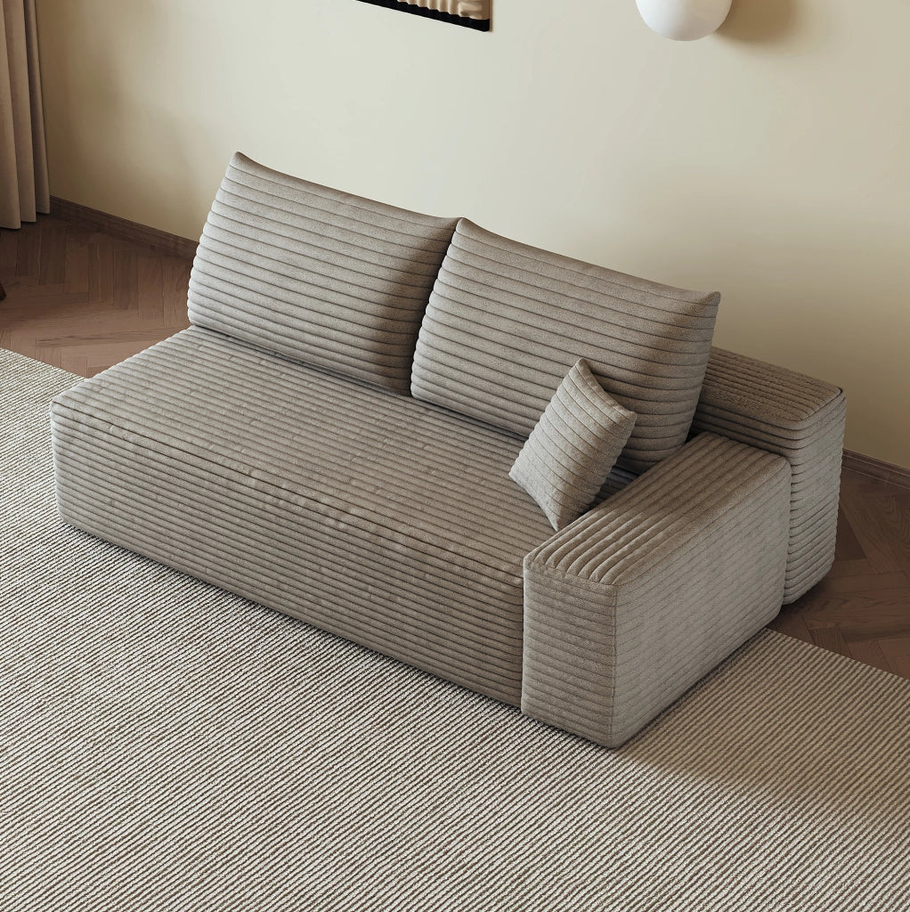 Divano modulare 2 posti con chaise longue destra, colore camel, in tessuto effetto velluto a coste
