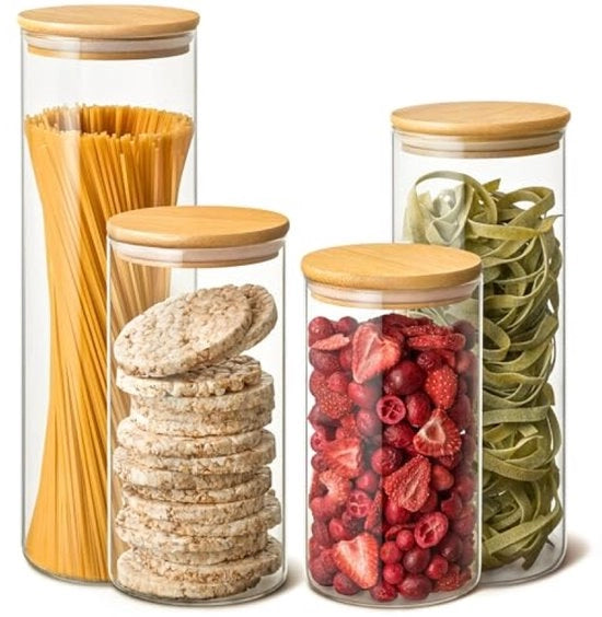 Set di 4 contenitori a tenuta d'aria con coperchi in bambù - diverse misure - lavastoviglie