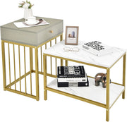 Set di 2 Tavolini con Cassetti, Tavolo da Soggiorno Annidabile, Comodino in Metallo Dorato, Tavolino da Caffè dal Design Elegente e Moderno, Ideale per Soggiorno, Camera da Letto