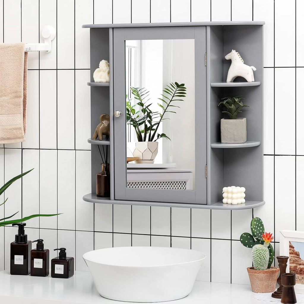 Armadietto del Bagno con Specchio, Armadietto di Legno Appeso con Mensole Regolabili, Armadietto dei Medicinali Multiuso per Bagno Salone Cucina (Grigio)