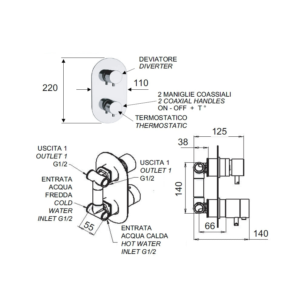 Rubinetto termostatico doccia a due posizioni su piastra unica - serie minimal thermo