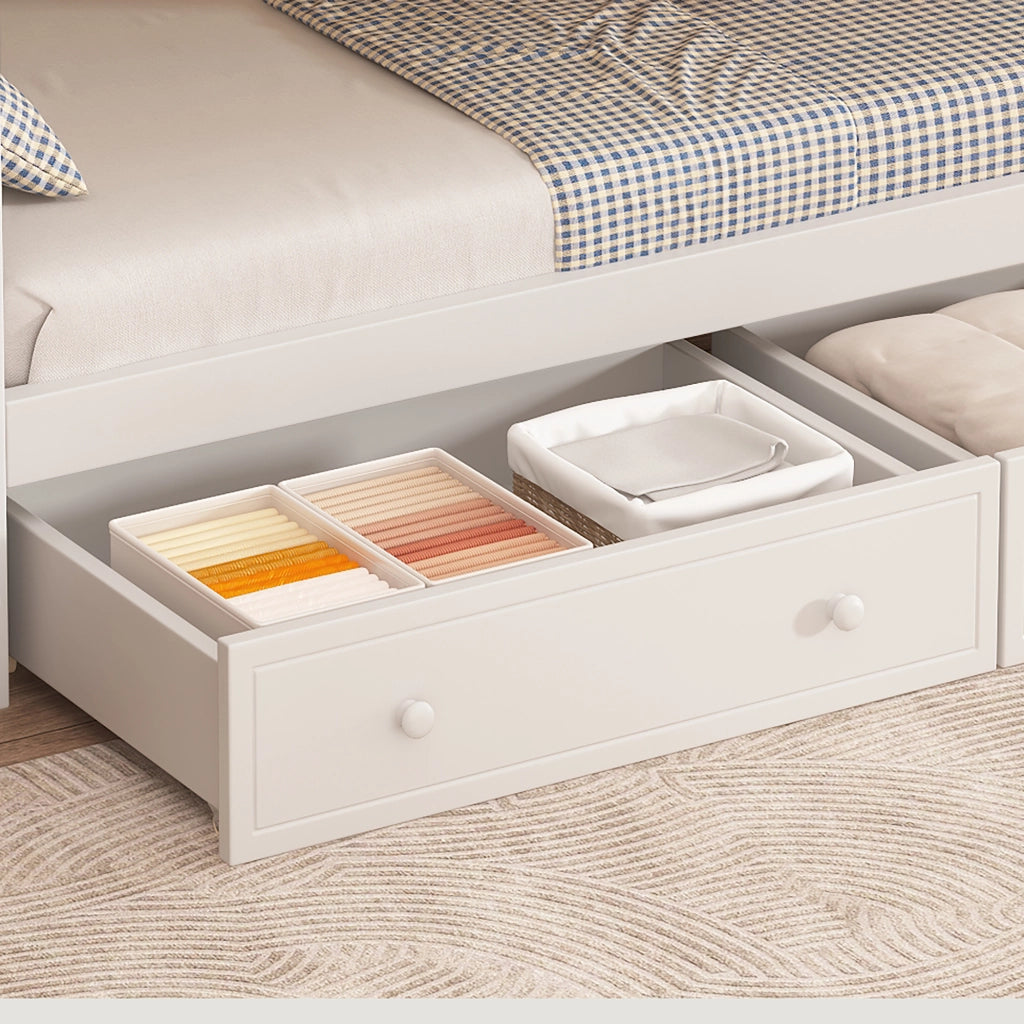 Letto a Castello 90x200 cm; Letto 2 Posti - Finestre; 2 Cassetti; Scala - in Legno Massello e MDF - Bianco e Naturale