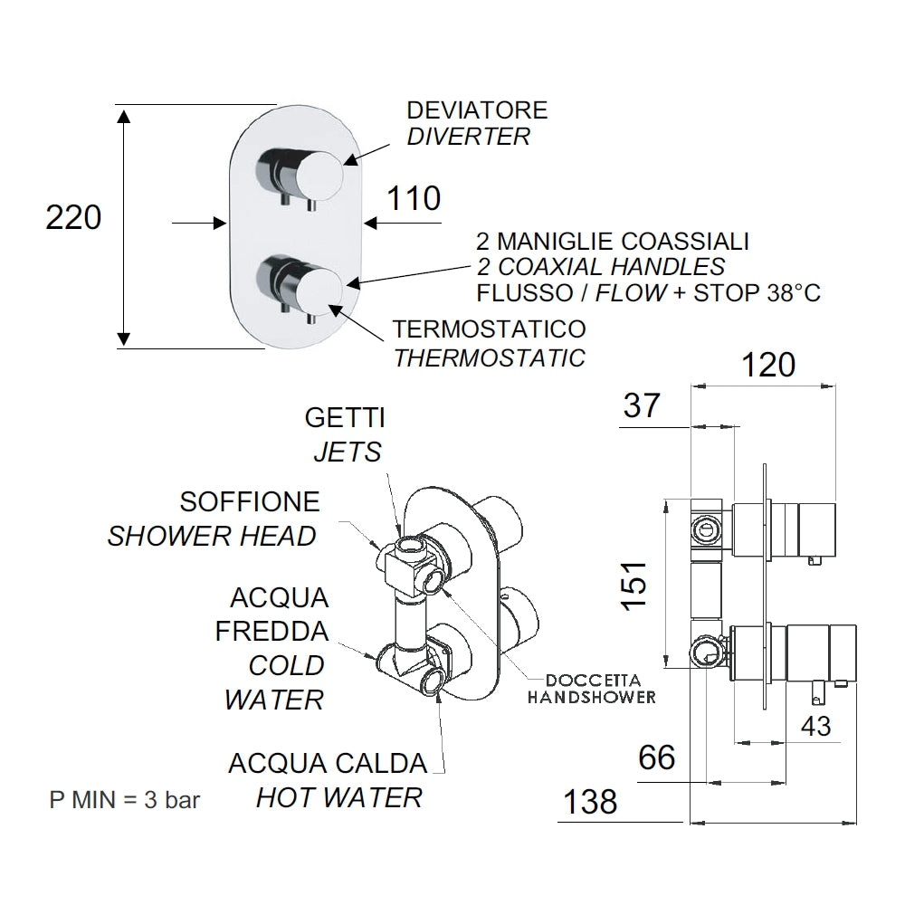 Rubinetto doccia con deviatore a tre vie su unica piastra - serie minimal thermo