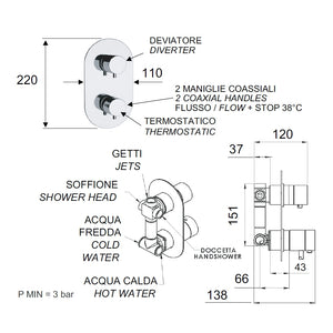 Rubinetto doccia con deviatore a tre vie su unica piastra - serie minimal thermo
