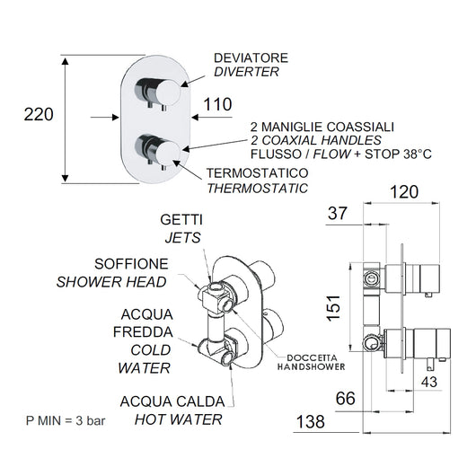 Rubinetto doccia con deviatore a tre vie su unica piastra - serie minimal thermo