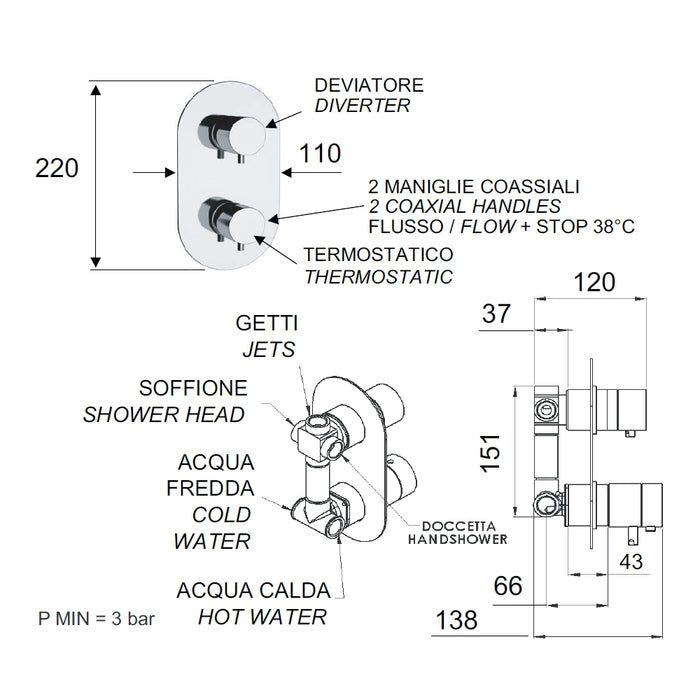 Rubinetto doccia con deviatore a tre vie su unica piastra - serie minimal thermo