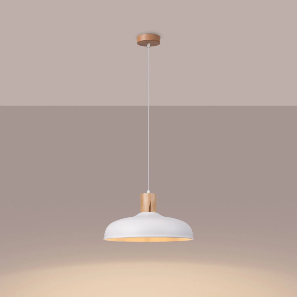 Lampada a sospensione INDY Dome in acciaio bianco opaco con accenti in legno E27 Max 15W LED