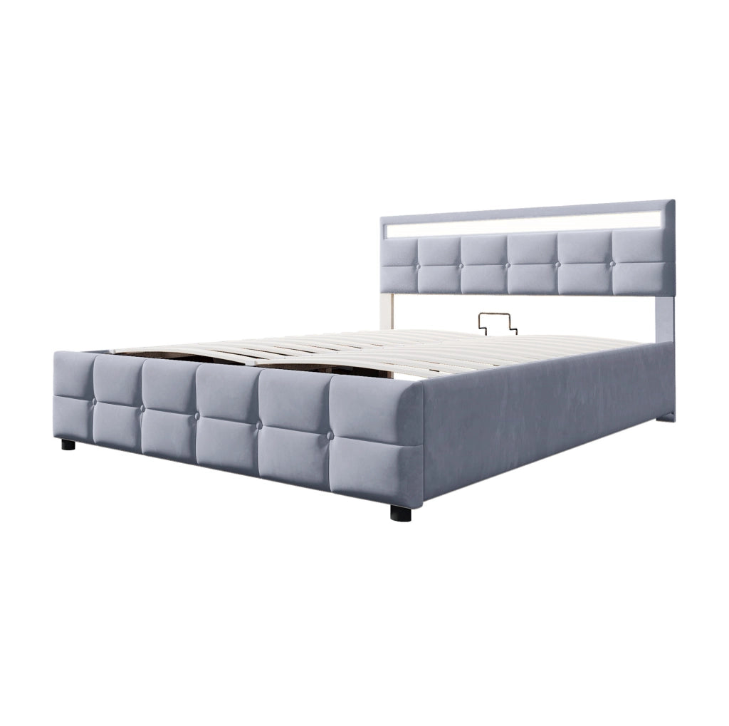 Letto matrimoniale imbottito 180x200 cm con LED; contenitore idraulico; velluto olandese grigio