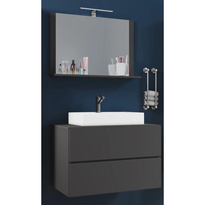 Luce di Ezooza Mobile Sospeso con 2 cassetti Large con lavabo in ceramica di alta qualità e specchio, Antracite , lavabo Bianco