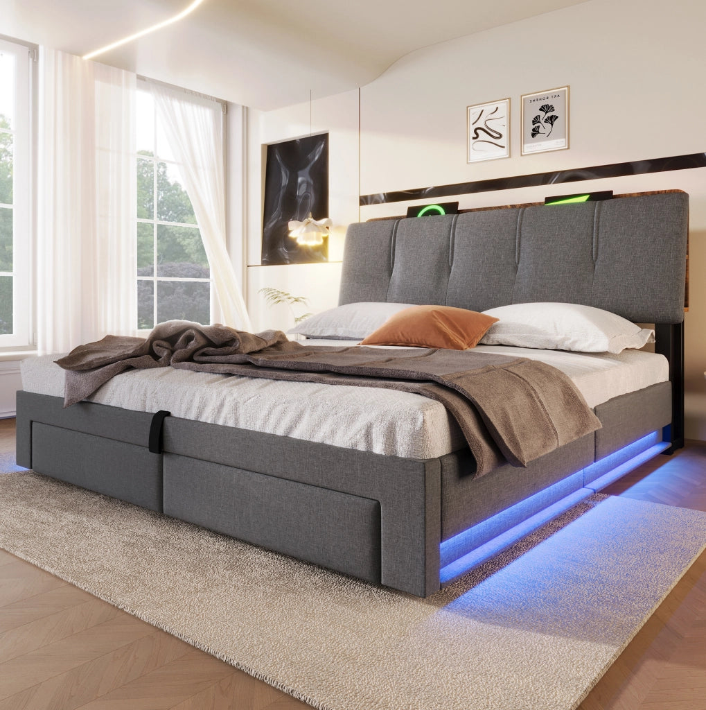 LETTO Contenitore 140x200 cm Grigio in lino con USB e Type-C